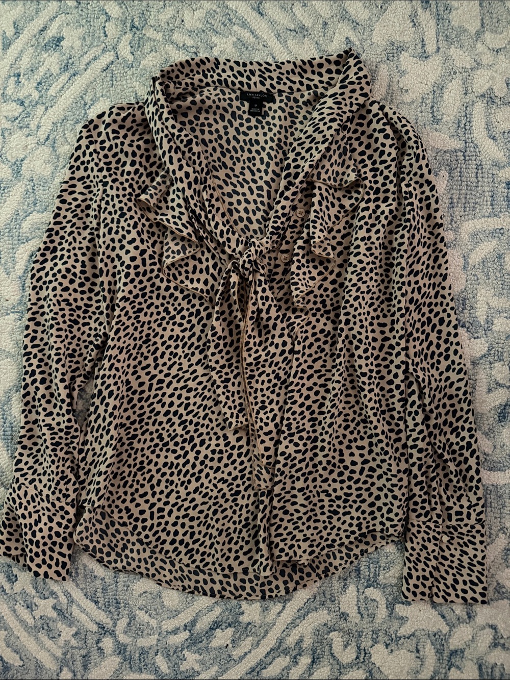 Ann Taylor Taupe and Black Leopard-Print Ruffle Tie-Neck Blouse